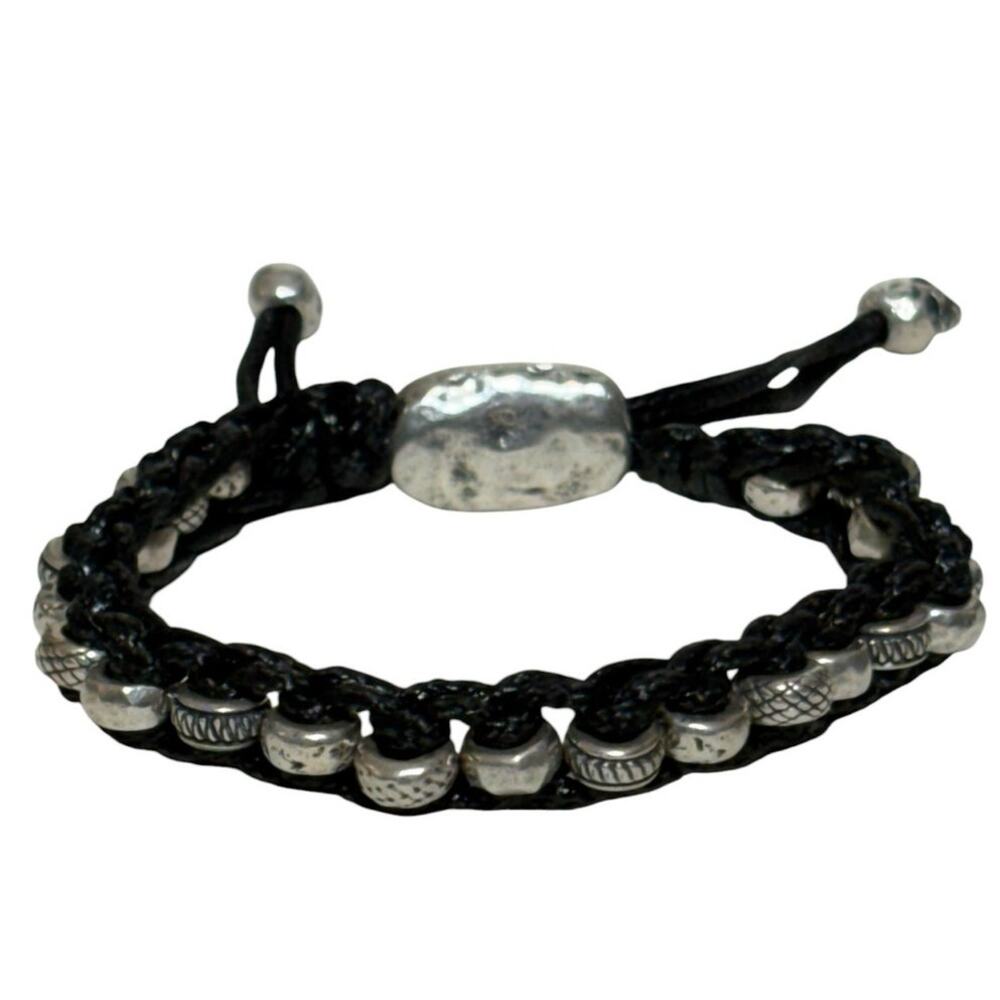 John Varvatos Sterling Silver Patterned Beads & Black Leather Bracelet